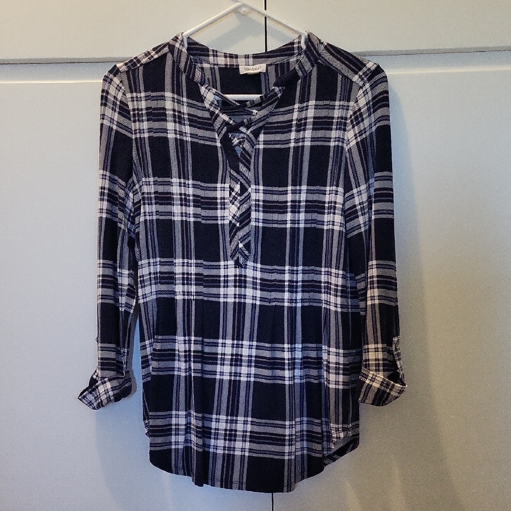 Plaid Women's Top - Navy Blue and White